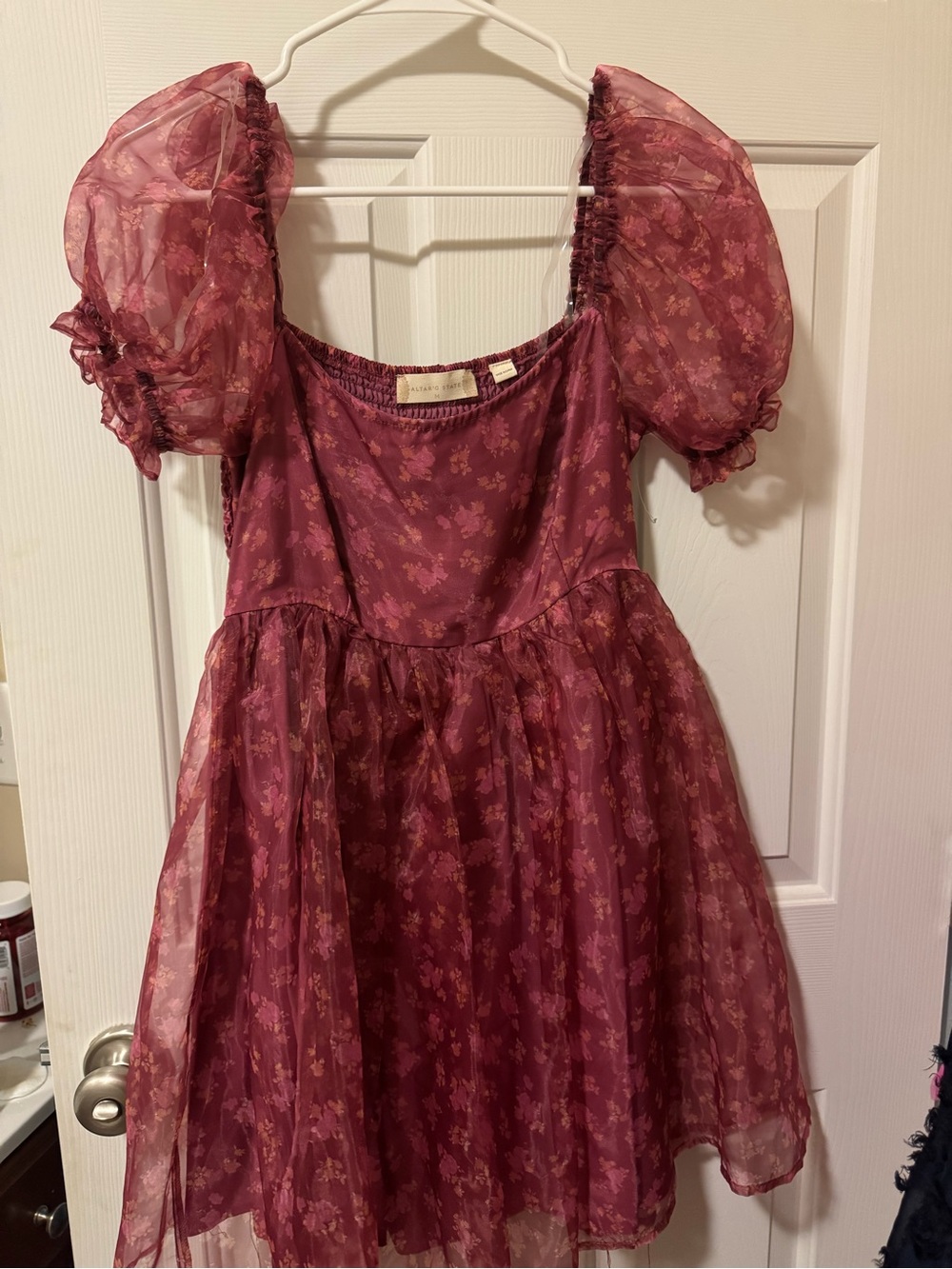 Sheer Puff-Sleeve Floral Dress in Burgundy